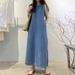 Women's Boho Denim Maxi Dress – Oversized Pocket & Sleeveless Casual Summer Dress_ecoleips.com