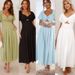 Women's Solid Color V-Neck Long Puff Sleeve Slimming Dress European American Style Cross Border Fashion 2025_ecoleips.com