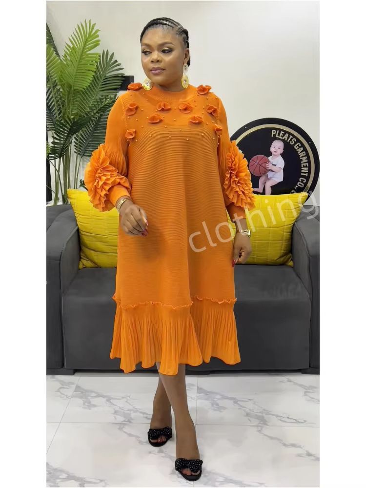 Women's Clothing Plus Size Clothes Elegant 3D Floral Maxi Dress With Ruffled Hem & Beaded Details – Romantic Long Sleeve Dress_ecoleips.com