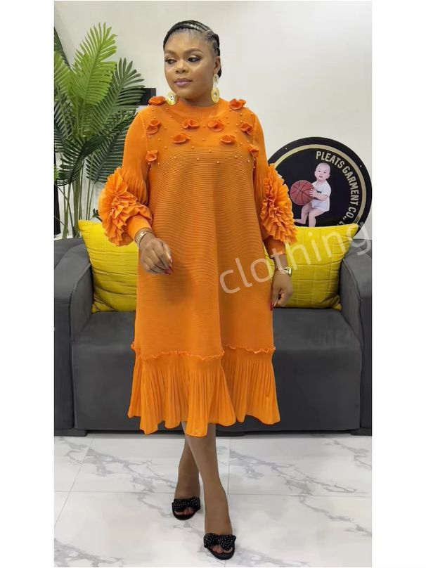 Women's Clothing Plus Size Clothes Elegant 3D Floral Maxi Dress With Ruffled Hem & Beaded Details – Romantic Long Sleeve Dress_ecoleips.com