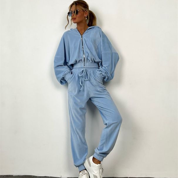 Women's Clothing Solid Color Cardigan Hooded Pants Women's Leisure Fashion Long Sleeve Sweater Set_ecoleips.com