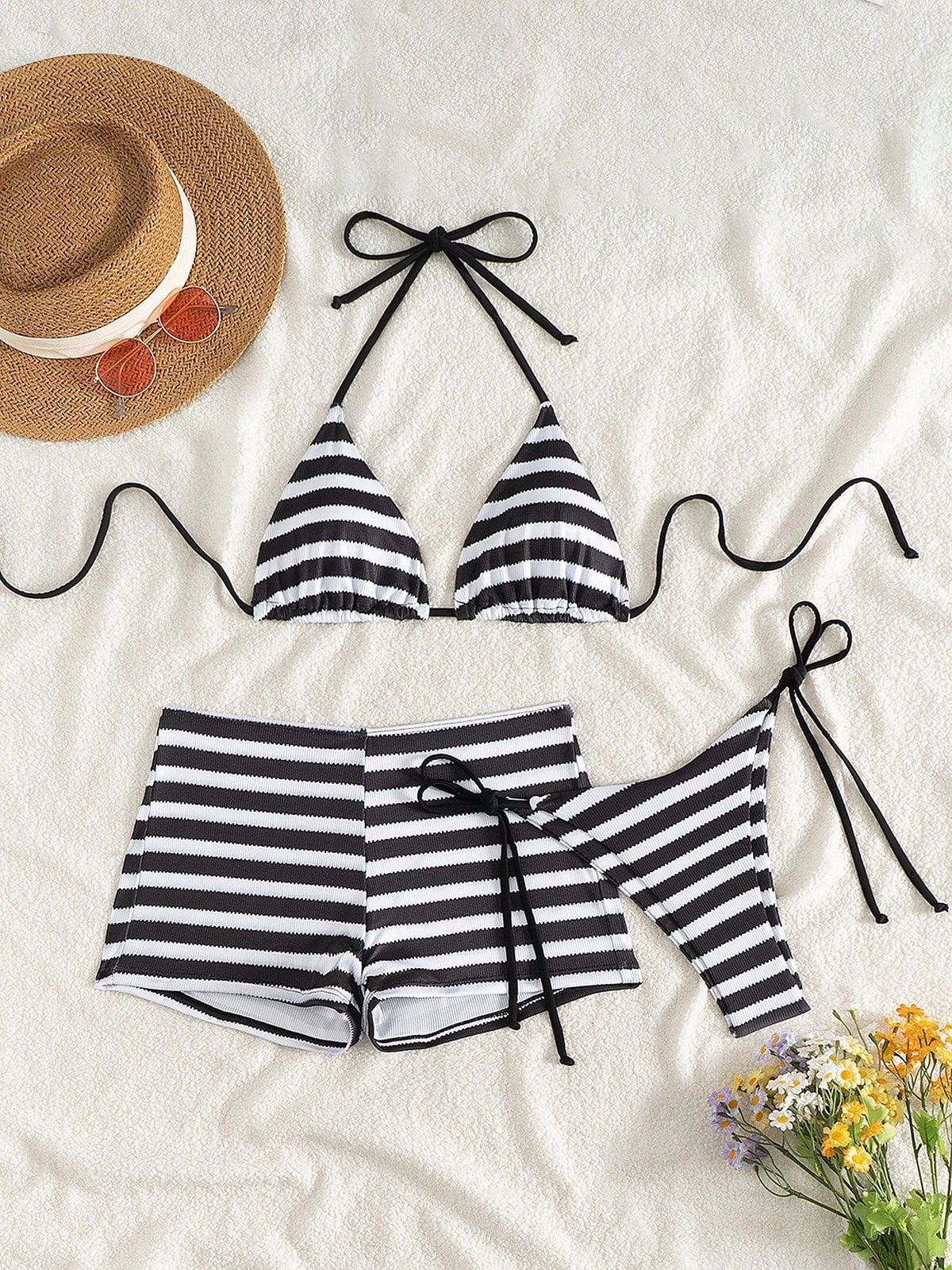 Women's Stripe Bikini Set - Soft Lined Triangle Top & High-Waist Boyshort Bottom (3-Piece Swimsuit) Universal Black_ecoleips.com