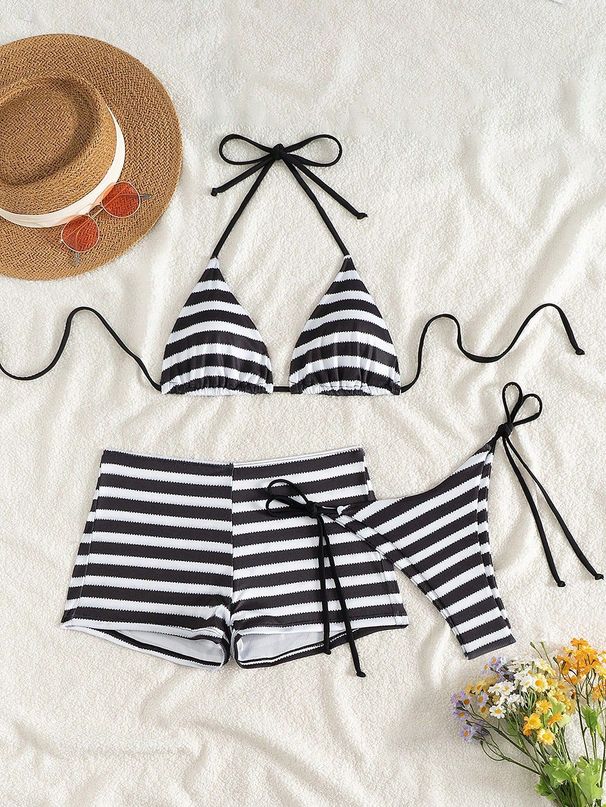 Women's Stripe Bikini Set - Soft Lined Triangle Top & High-Waist Boyshort Bottom (3-Piece Swimsuit) Universal Black_ecoleips.com