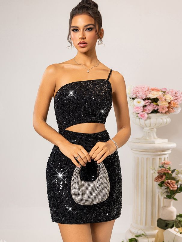 Women's Clothing Sexy One Shoulder Backless Sequined Dress_ecoleips.com