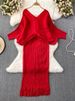 Freeacy Women's Solid Color V-neck Batwing Sleeves Evening Dress High Waist Slim Fit Fringe Dress 2025 Fall Stylish Party Gowns_ecoleips.com