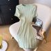 Women's Clothing Round Neck Short Sleeve Dress Sweet Solid Color Versatile Knitted Skirt_ecoleips.com