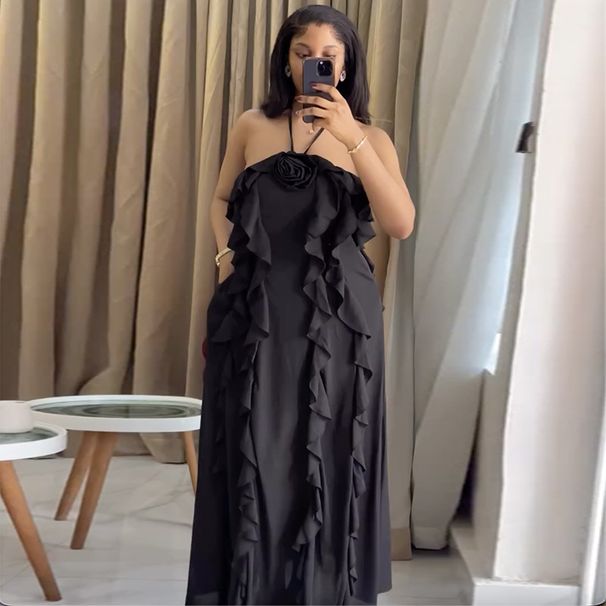 Women's Clothing Elegant Halter Neck Ruffle Suspender Dress For Women Spring European American Style Floral Print Three Dimensional Sleeveless_ecoleips.com