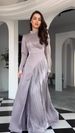 Women's Lavender Mock Neck Belted Long Sleeve Dress – Retro A-Line Midi Dress With Asymmetrical Hem (Breathable Polyester, S-Xxl, Street To Elegant)_ecoleips.com