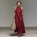 Elegant Halter Neck Maxi Dress With Ruffle Trim, Loose Fit Flowy Summer Long Dress For Women Lightweight & Breathable Fabric_ecoleips.com