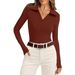 Women's Long Sleeved Casual Top European American Style V Neck Ribbed Knit Sweater Slim Fit Autumn Winter Top with Collar_ecoleips.com