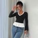 Voya Women's Spring/Summer Color Match Splicing Two Piece Lace Long Sleeve Top Design Sense Slim Fit Round Neck Bottom T-shirt_ecoleips.com