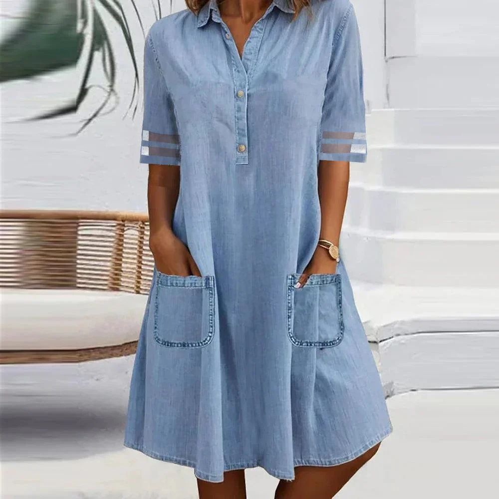Women's Clothing Mesh Splicing Solid Color Denim Short Sleeved Dress Long Skirt_ecoleips.com