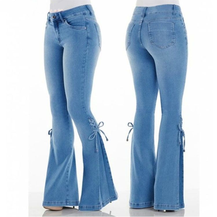 Women's Clothing Jeans Mid Waist Flared Lace Up Denim Trousers Stretch Jeans Women's Flared Pants_ecoleips.com