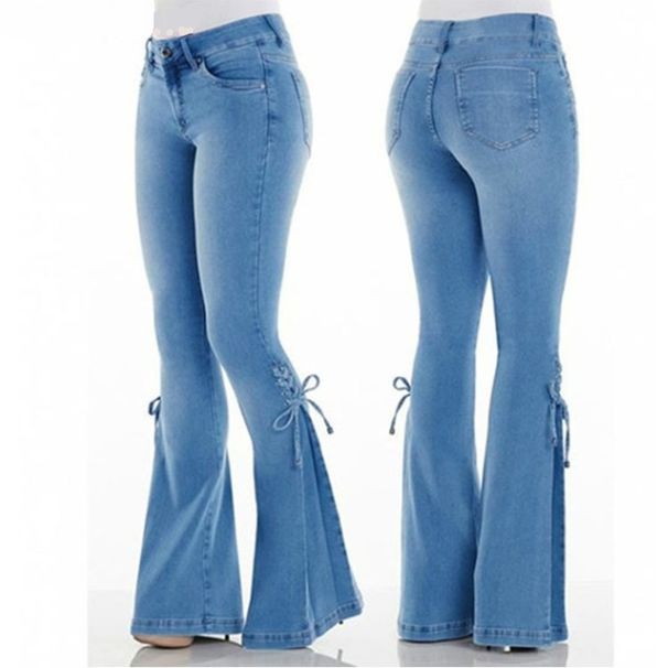 Women's Clothing Jeans Mid Waist Flared Lace Up Denim Trousers Stretch Jeans Women's Flared Pants_ecoleips.com