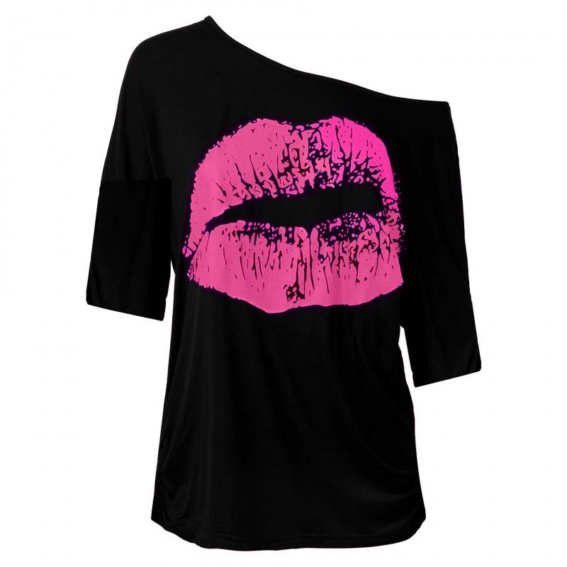 . European American Spring And Autumn Women's Retro Big Lips Print 80s Style Off-Shoulder Mid-Sleeve T-Shirt_ecoleips.com
