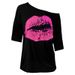 . European American Spring And Autumn Women's Retro Big Lips Print 80s Style Off-Shoulder Mid-Sleeve T-Shirt_ecoleips.com