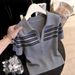 Women's Korean Style Striped T-Shirt White Short Sleeved Half Open Collar Summer 2026 New Design Popular And Youthful Top_ecoleips.com
