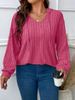 Women's Large Size V Neck Hooded Long Sleeve Striped Brushed T-Shirt Solid Color Loose Top for Autumn Winter New 2025_ecoleips.com