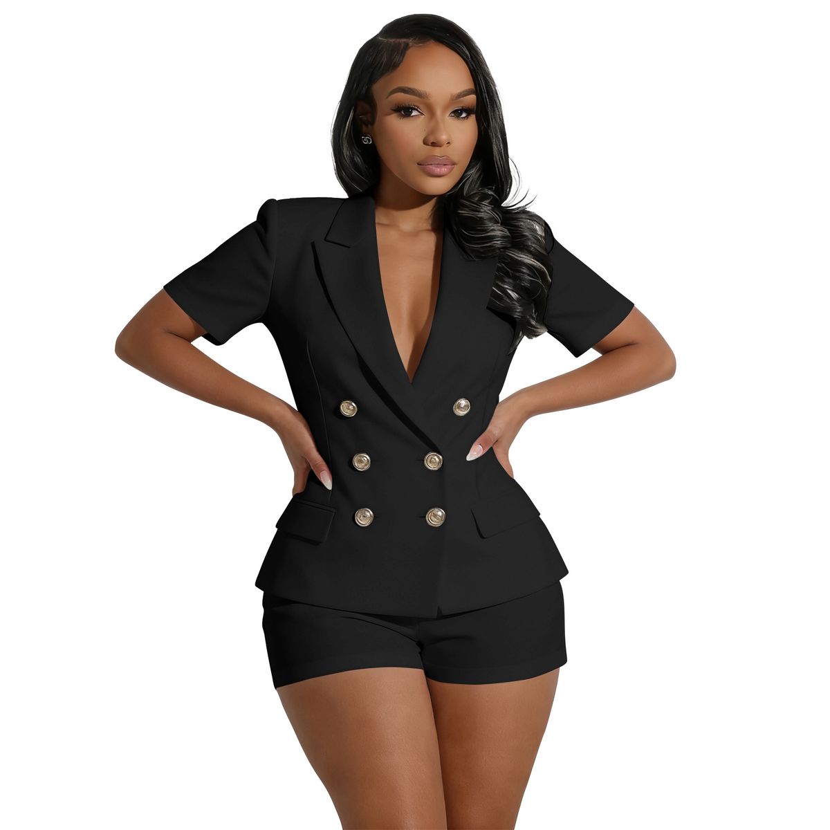 Women's Clothing Fashion Two Piece Set V Neck Short Sleeved Shorts Solid Color Suitable_ecoleips.com