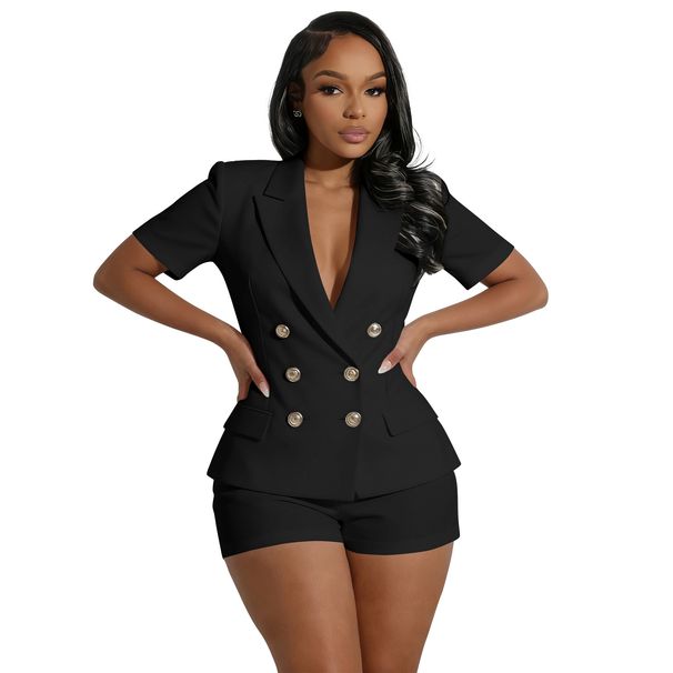 Women's Clothing Fashion Two Piece Set V Neck Short Sleeved Shorts Solid Color Suitable_ecoleips.com