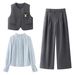 Minimalist Office Suit Set For Women – Grey Vest + Blouse + Trousers (S-L) | Polyester Stretch Professional Outfit With Seamless Transition_ecoleips.com