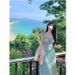 ng2510292 French Seaside Resort Style Elegant Waist-cinching Long With Mesh Design, Slimming And Gentle Square-neck Mint Dress_ecoleips.com