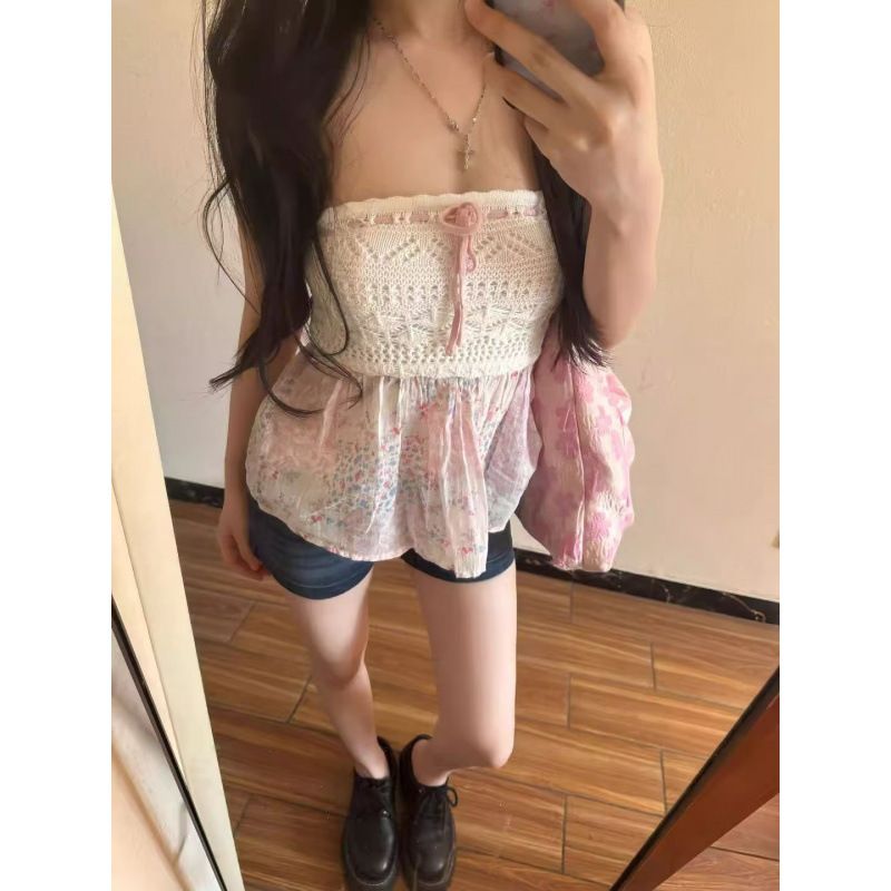 Sweet And Spicy Pure And Alluring Crocheted Floral Sleeveless Tube Top For Women, Perfect For Summer, Slimming, Short, Chic, Versatile, And Gorgeous._ecoleips.com