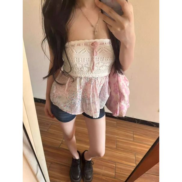 Sweet And Spicy Pure And Alluring Crocheted Floral Sleeveless Tube Top For Women, Perfect For Summer, Slimming, Short, Chic, Versatile, And Gorgeous._ecoleips.com