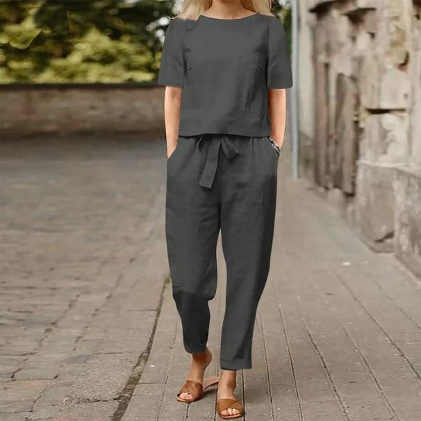 Women's Cotton Summer Outfit Set Oversized Cover Up Short Sleeved O Neck Wide Leg Pants_ecoleips.com