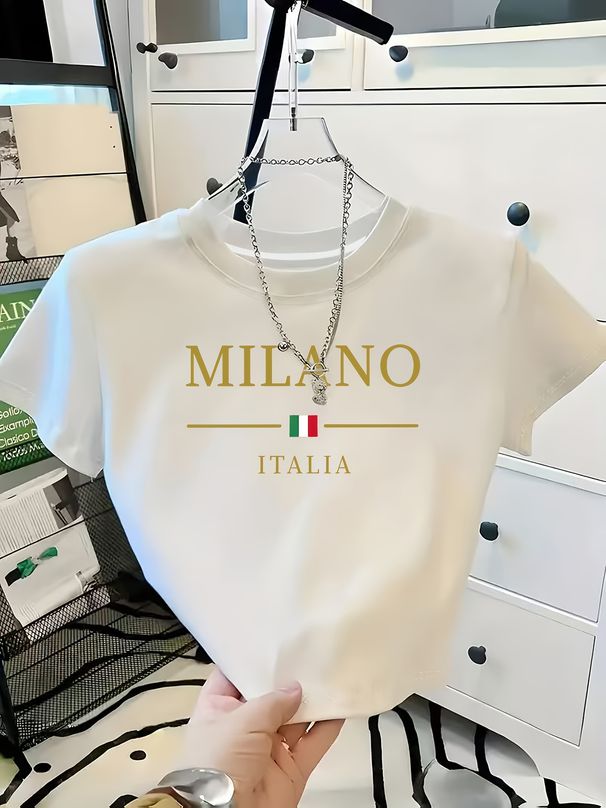 MILANO ITALIA Text With Italian Flag Pattern Summer Women Trend Ultra-Short T-Shirt Top Printed Elegant_ecoleips.com