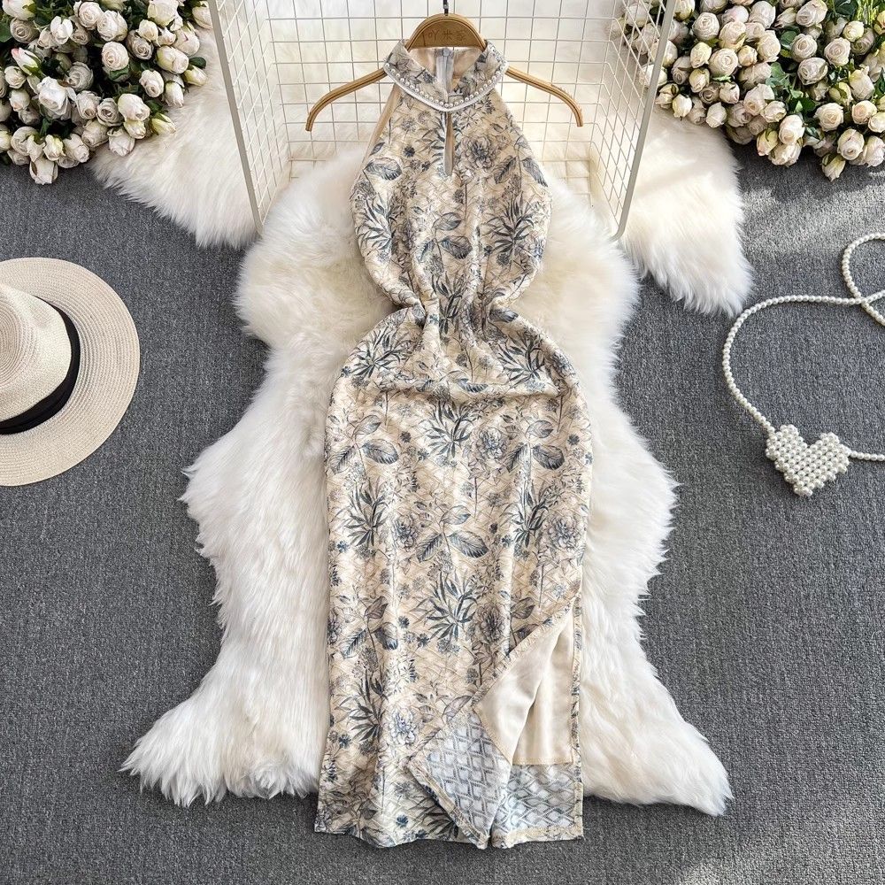 Cross-border Ink Painting New Chinese-style Cheongsam, Summer High-end Elegance, Ladylike Charm, Waist-cinching,_ecoleips.com