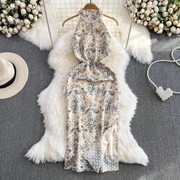 Cross-border Ink Painting New Chinese-style Cheongsam, Summer High-end Elegance, Ladylike Charm, Waist-cinching,_ecoleips.com
