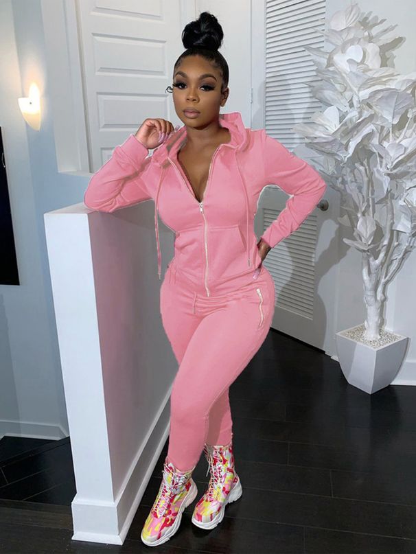 Women's Clothing Women's Street Casual Solid Color Hooded Cardigan Zipper Pocket Trousers Sports Suit_ecoleips.com