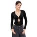 Voya Spring And Summer Black V-neck Lace Edge Twisted Long Sleeved Top With Hollow Chest Design, Slim Fit And Temperament, Paired With A Jumpsuit_ecoleips.com