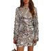Women's Sequin Long Sleeve Mini Dress – Glittery Party Dress For Evening, Date Night & Special Occasions (White/Purple, S-XL)_ecoleips.com