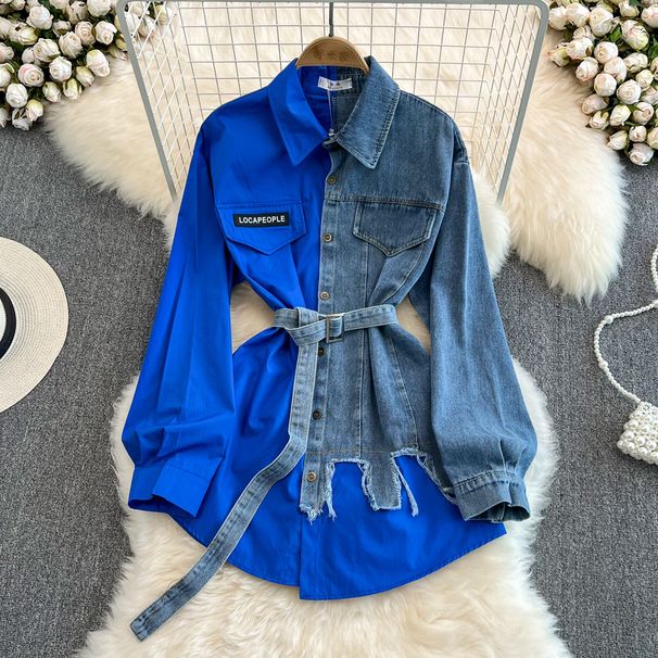Women's Style Waist-cinched Color-blocked Denim Shirt With Belt For Women Spring New Chic Casual Mid-length Top_ecoleips.com