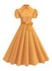 Women's Polka Dot Dress With Bow Belt Short Sleeve High Waist Elegant Retro Printed Fashion Midi Dresses_ecoleips.com