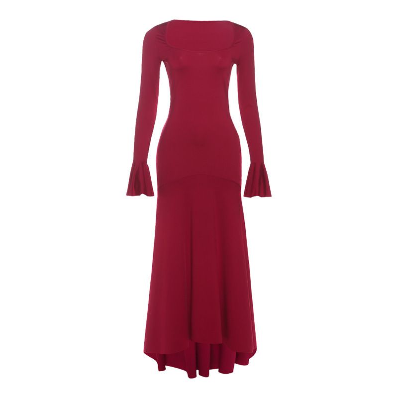 Elegant Sexy Solid Color Dress U Neck Slimming Waist Fitted Flared Sleeve Women Evening Party Date Casual Daily Wear Dress_ecoleips.com