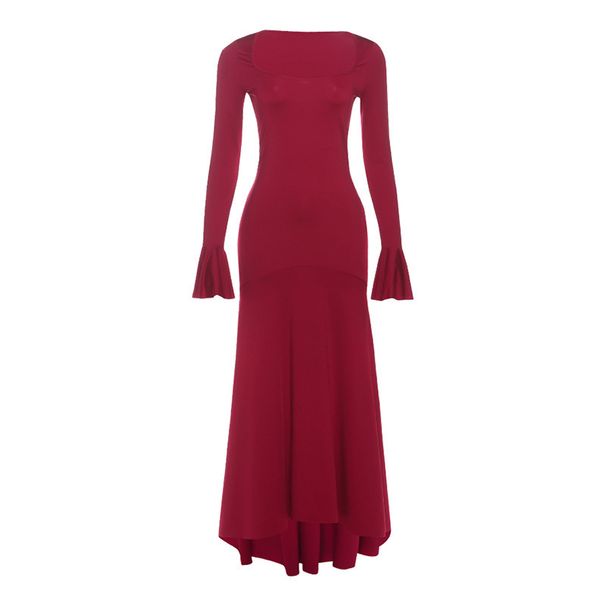 Elegant Sexy Solid Color Dress U Neck Slimming Waist Fitted Flared Sleeve Women Evening Party Date Casual Daily Wear Dress_ecoleips.com