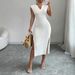 Women's White V-Neck Sleeveless Elastic Sundress Knit Bodycon Maxi Dress Solid Side Slit Casual Summer Daily Party Long Dress_ecoleips.com