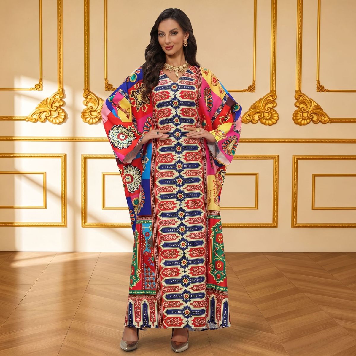 Colorful Hot Fix Rhinestone Pattern Batwing Sleeve Dress for Women for Everyday Outings And Family Gatherings Loose Fit Muslim Fashion_ecoleips.com