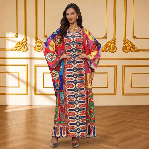 Colorful Hot Fix Rhinestone Pattern Batwing Sleeve Dress for Women for Everyday Outings And Family Gatherings Loose Fit Muslim Fashion_ecoleips.com
