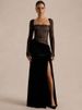 Blifanbo Lace Velvet Sexy Elegant Maxi Dress Women See Through Backless Split Square-Neck Long Sleeve Club Party Long Dress New_ecoleips.com
