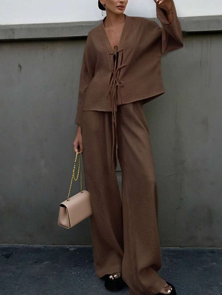 Cross-border European American Women's Clothing 2025 Spring Autumn New High-end Lace-up Shirt And Pants Casual Fashion_ecoleips.com