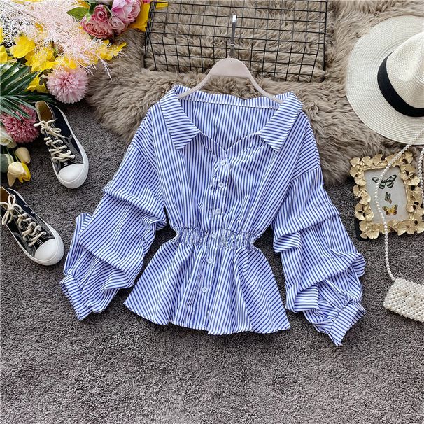 Women's Long Sleeve Fashion Shirt Hong Kong Style Puff Sleeves Slim Waist Ruffled Hem Short Striped Blouse Casual Elegant England Style_ecoleips.com