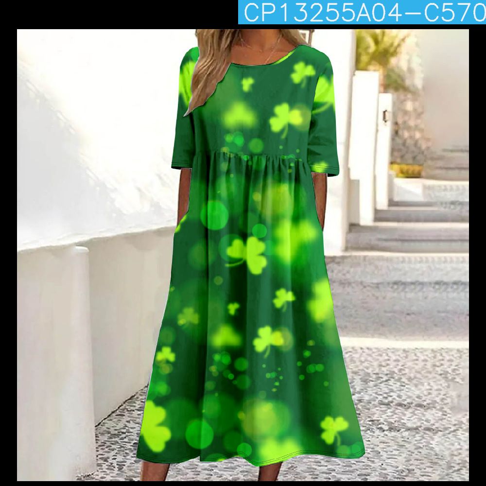 Summer Mid-Waist Women's Casual St. Patrick's Big Swing Dress_ecoleips.com