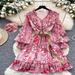 Women's V Neck Ruffled Long Sleeve Printed Fitted Waist Full Skirt Cake Dress Lantern Sleeve Belt Not Included_ecoleips.com
