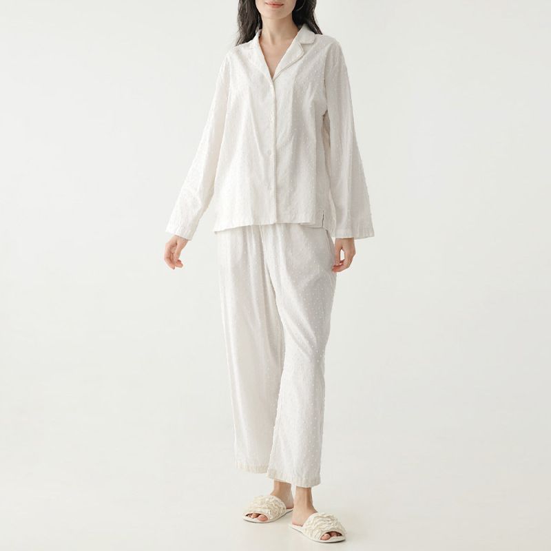 100% Cotton Jacquard White Homewear Ladies Suit Spring New Lapel Button Cardigan Shirt Pants Two-Piece Sets Women's Clothing_ecoleips.com