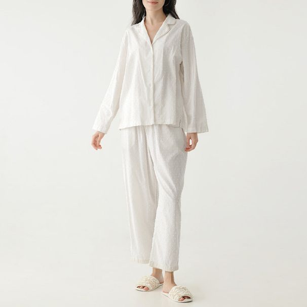 100% Cotton Jacquard White Homewear Ladies Suit Spring New Lapel Button Cardigan Shirt Pants Two-Piece Sets Women's Clothing_ecoleips.com