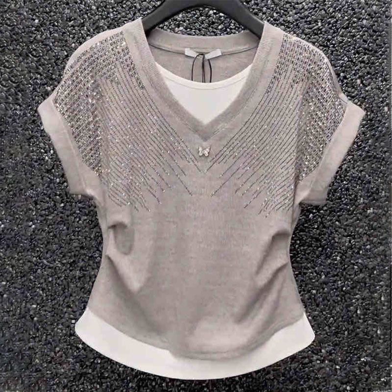 Women's Rhinestone Layered Short Sleeve T-Shirt – 90% Cotton 10% Spandex Blend Mock Two-Piece Casual Top_ecoleips.com